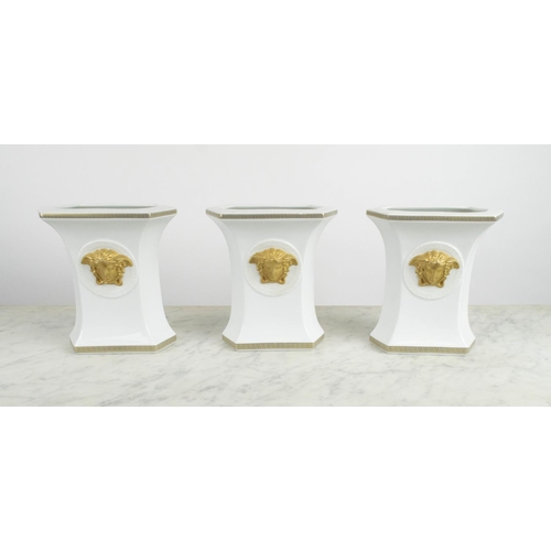 3 - ROSENTHAL VERSACE 'GONGONA' VASES, a set of three, white procelain with gilt Greek key decoration an... 