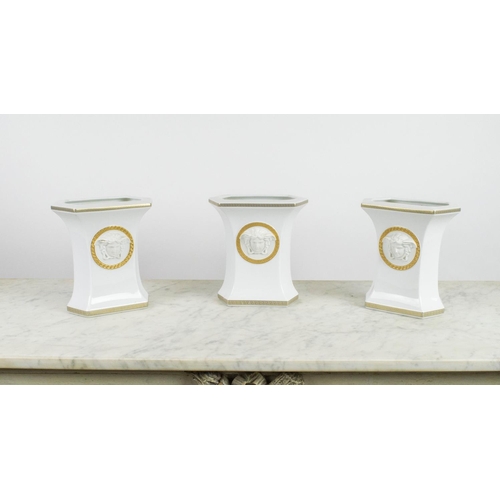 4 - ROSENTHAL VERSACE 'GONGONA' VASES, a set of three, white procelain with gilt Greek key decoration an... 