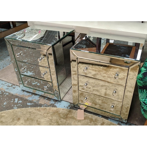 437 - SIDE CHESTS, a pair, mirrored with three drawers, 67cm h x 57cm x 46cm. (2)