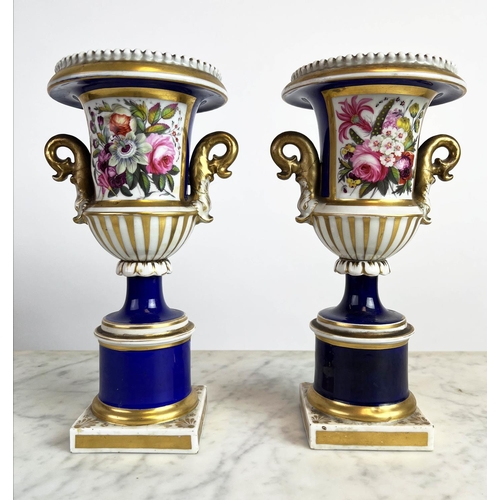 73 - URNS, a pair, 19th century porcelain, possibly Derby, unmarked. 25cm H. (2)