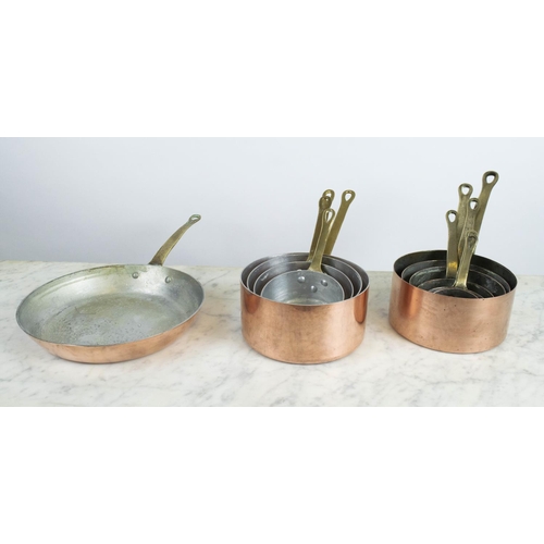 8 - BATTERIE DE CUISINE, comprising ten graduated copper pans the largest 17cm diam and a frying pan. (1... 