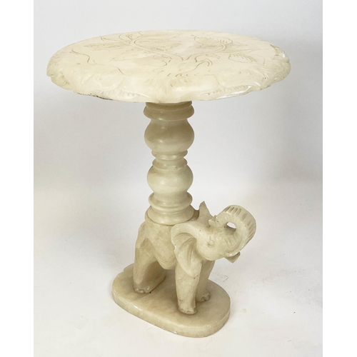 93 - ALABASTER LAMP TABLE, carved elephant base, 55cm H x 40cm diam.