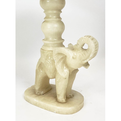 93 - ALABASTER LAMP TABLE, carved elephant base, 55cm H x 40cm diam.
