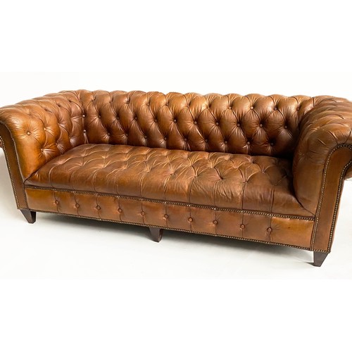 125 - CHESTERFIELD SOFA BY HALO, natural deep buttoned tan hide leather with curved back and arms (stamped... 