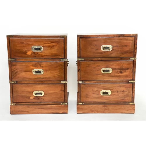 157 - CAMPAIGN STYLE BEDSIDE CHESTS, a pair, yewwood and brass bound each with three drawers, 46cm x 37cm ... 