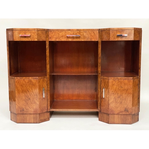 126 - ART DECO SIDE CABINET, early 20th century, birds eye maple with drawers, cupboards and shelves, 137c... 