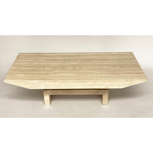 127 - TRAVERTINE COFFEE TABLE, 35cm H x 140cm W x 70cm D, 1970's Italian marble, rectangular with shaped s... 