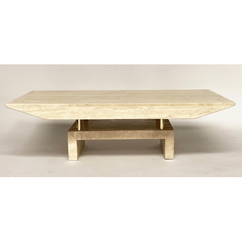 127 - TRAVERTINE COFFEE TABLE, 35cm H x 140cm W x 70cm D, 1970's Italian marble, rectangular with shaped s... 