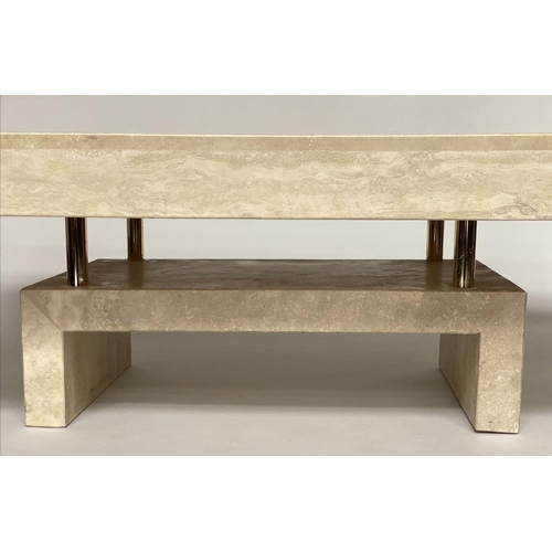 127 - TRAVERTINE COFFEE TABLE, 35cm H x 140cm W x 70cm D, 1970's Italian marble, rectangular with shaped s... 