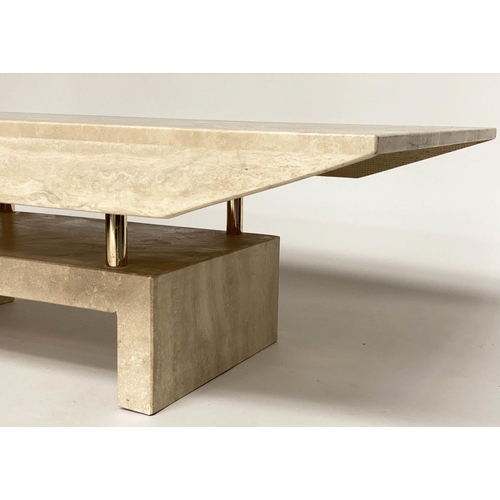 127 - TRAVERTINE COFFEE TABLE, 35cm H x 140cm W x 70cm D, 1970's Italian marble, rectangular with shaped s... 