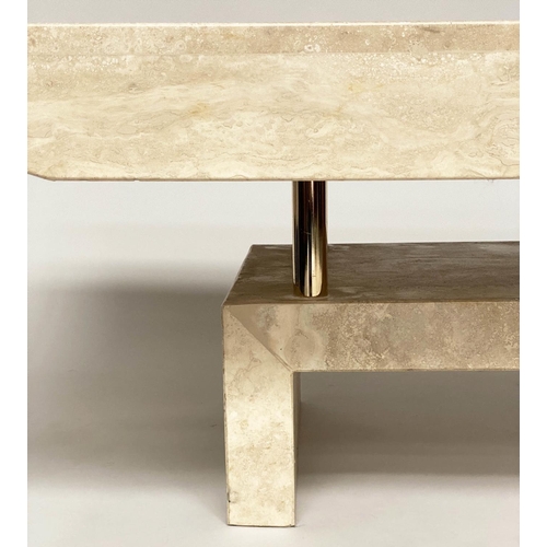 127 - TRAVERTINE COFFEE TABLE, 35cm H x 140cm W x 70cm D, 1970's Italian marble, rectangular with shaped s... 