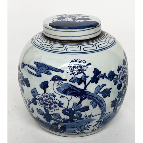 132 - CHINESE GINGER JARS, a pair, Chinese export blue and white ceramic each with lid, 23cm H. (2)