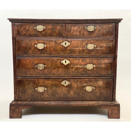 133 - CHEST, early 18th century English Queen Anne figured walnut with two short and three long drawers, 9... 