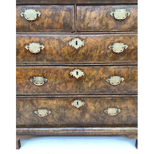 133 - CHEST, early 18th century English Queen Anne figured walnut with two short and three long drawers, 9... 