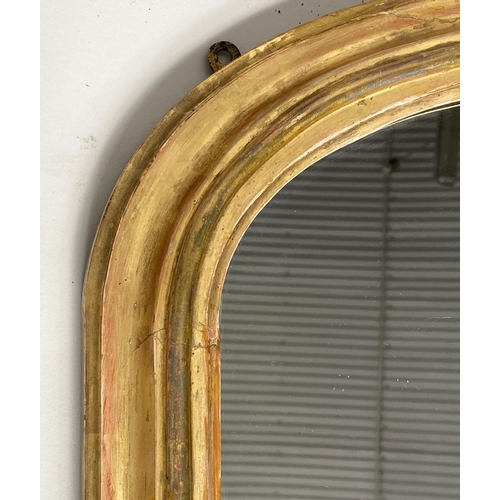 134 - OVERMANTEL MIRROR, 19th century giltwood with arched moulded frame 108cm W x 130cm H.