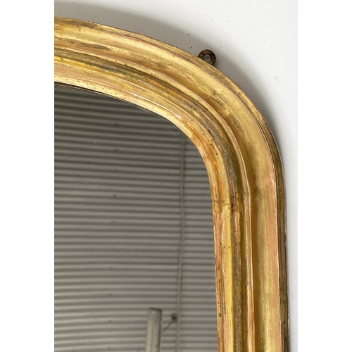 134 - OVERMANTEL MIRROR, 19th century giltwood with arched moulded frame 108cm W x 130cm H.