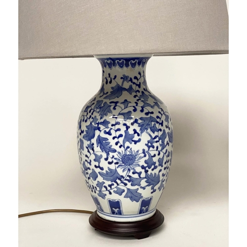 136 - TABLE LAMPS, 75cm H, a pair, Chinese blue and white ceramic of vase form with circular wood bases an... 