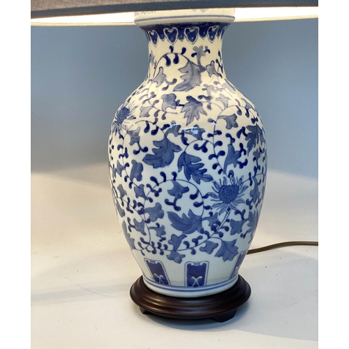 136 - TABLE LAMPS, 75cm H, a pair, Chinese blue and white ceramic of vase form with circular wood bases an... 