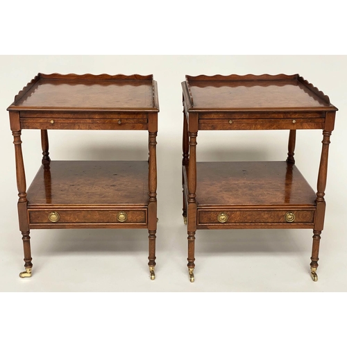 137 - LAMP TABLES, a pair, George III design, burr yew, each with gallery slide, drawer and undertier, 46c... 