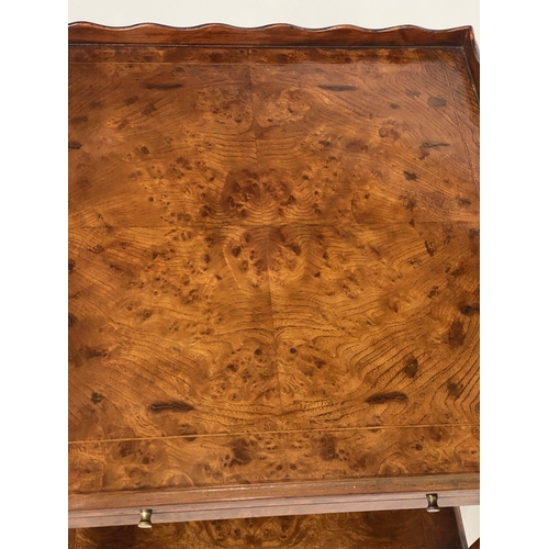 137 - LAMP TABLES, a pair, George III design, burr yew, each with gallery slide, drawer and undertier, 46c... 