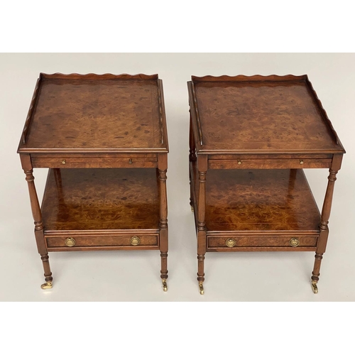 137 - LAMP TABLES, a pair, George III design, burr yew, each with gallery slide, drawer and undertier, 46c... 