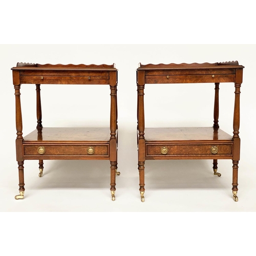 137 - LAMP TABLES, a pair, George III design, burr yew, each with gallery slide, drawer and undertier, 46c... 