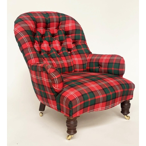 138 - ARMCHAIR, Victorian mahogany with button back tartan upholstery and turned front supports, 80cm W.