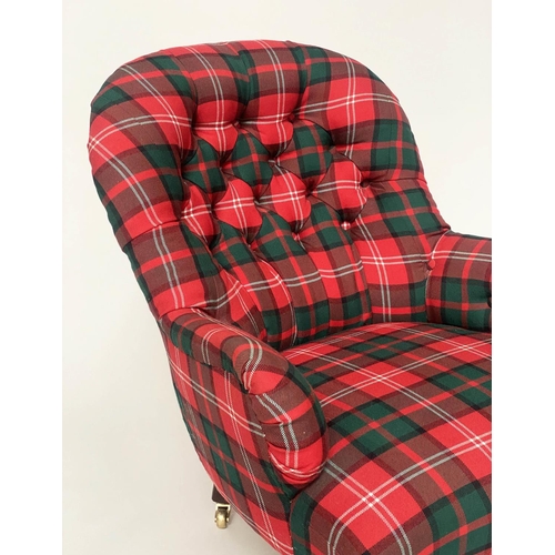 138 - ARMCHAIR, Victorian mahogany with button back tartan upholstery and turned front supports, 80cm W.