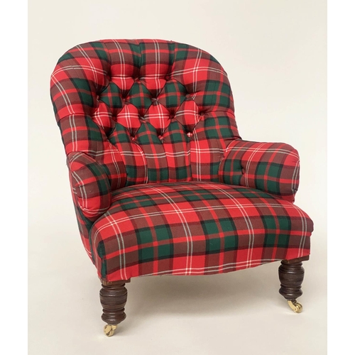 138 - ARMCHAIR, Victorian mahogany with button back tartan upholstery and turned front supports, 80cm W.