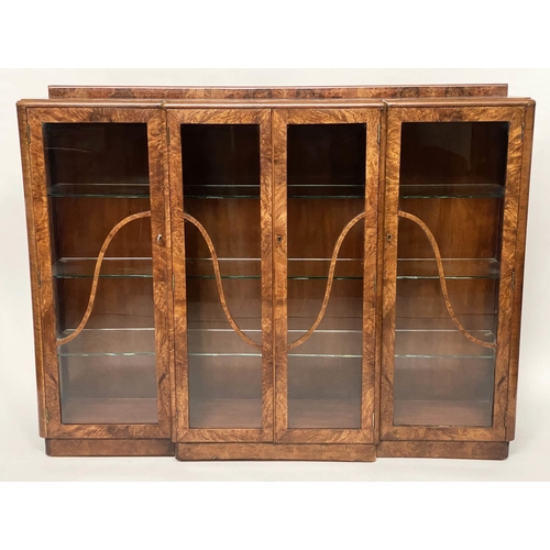 147 - ART DECO DISPLAY CASE, walnut, of breakfront form, with four glazed doors enclosing shelves, 152cm W... 