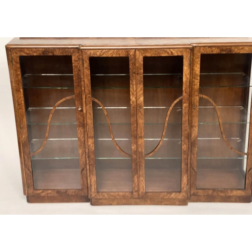 147 - ART DECO DISPLAY CASE, walnut, of breakfront form, with four glazed doors enclosing shelves, 152cm W... 