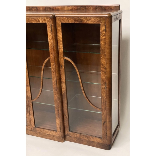 147 - ART DECO DISPLAY CASE, walnut, of breakfront form, with four glazed doors enclosing shelves, 152cm W... 