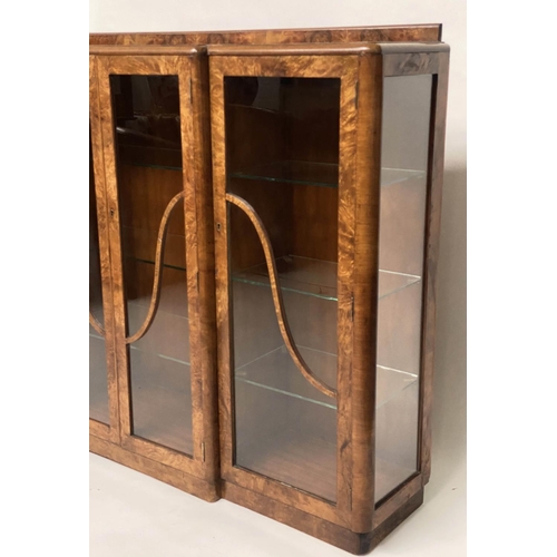 147 - ART DECO DISPLAY CASE, walnut, of breakfront form, with four glazed doors enclosing shelves, 152cm W... 