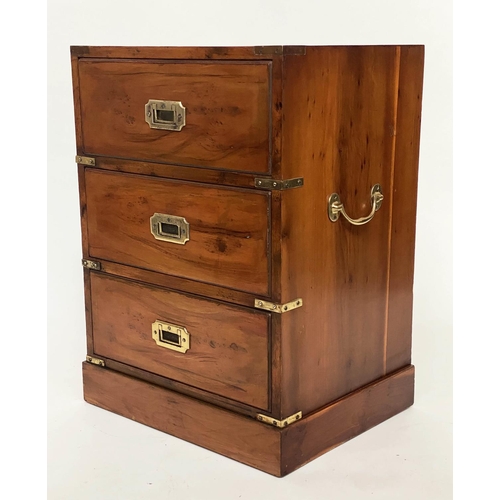 157 - CAMPAIGN STYLE BEDSIDE CHESTS, a pair, yewwood and brass bound each with three drawers, 46cm x 37cm ... 