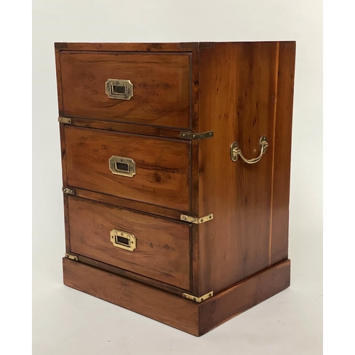 157 - CAMPAIGN STYLE BEDSIDE CHESTS, a pair, yewwood and brass bound each with three drawers, 46cm x 37cm ... 