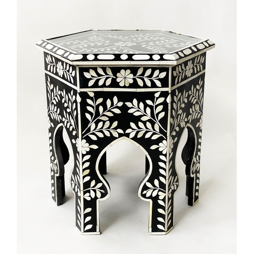 84 - OCCASIONAL TABLE, hexagonal moorish bone inset with glazed top and arcaded base, 53cm w x 54cm H.