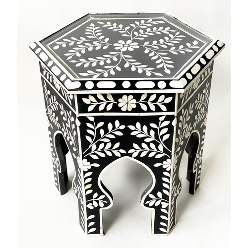 84 - OCCASIONAL TABLE, hexagonal moorish bone inset with glazed top and arcaded base, 53cm w x 54cm H.