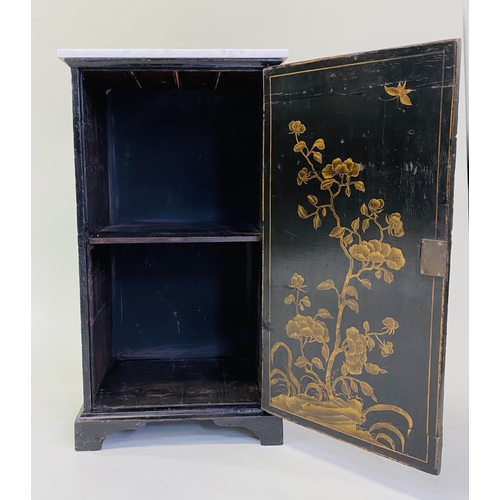 87 - SIDE CABINET, early 19th century Chinoiserie and gilt decorated with marble top and panel door enclo... 