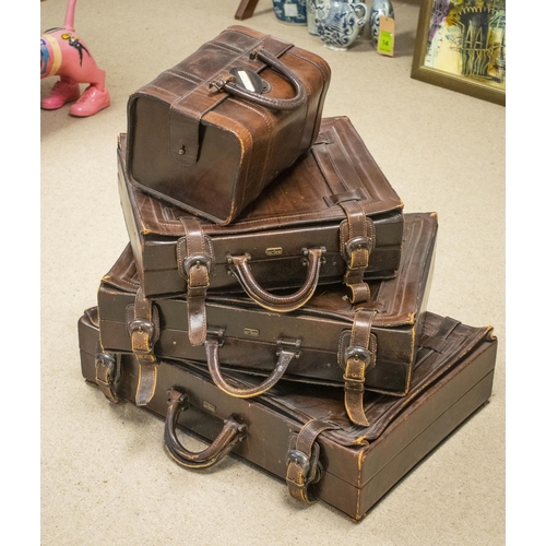 341 - ARIES LUGGAGE, a set of three, Spanish brown leather suitcases and a small holdall, largest 45cm x 6... 