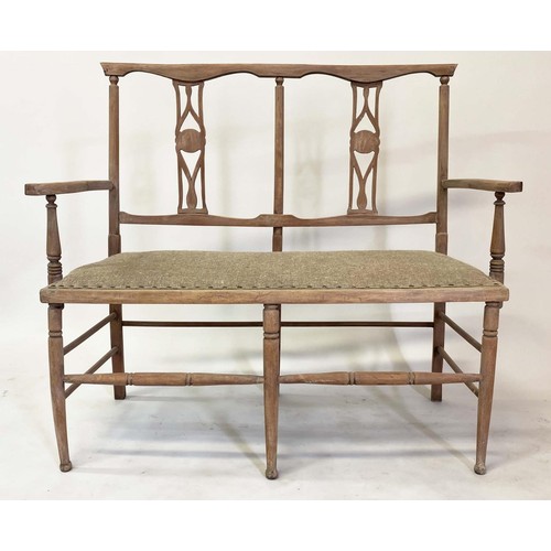 92 - HALL SEAT, Edwardian fruitwood with pierced splat back and studded linen upholstered seat, 110cm W.