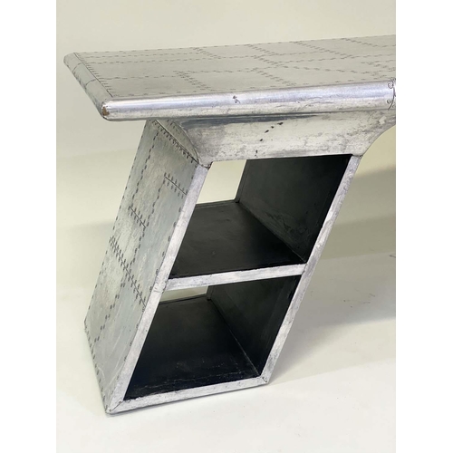 388 - 'SOLO' AVIATOR LOW TABLE, 130cm x 57cm x 47cm H, aluminium, screw panelled, with shelves.