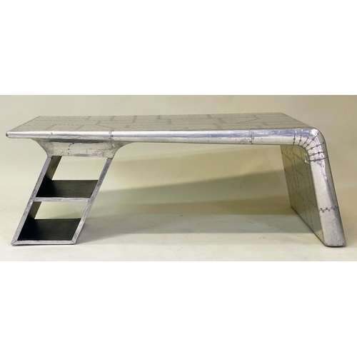 388 - 'SOLO' AVIATOR LOW TABLE, 130cm x 57cm x 47cm H, aluminium, screw panelled, with shelves.