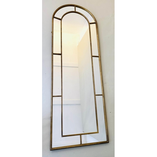 389 - ARCHITECTURAL HALL MIRROR, 180cm H x, 63cm W, arched gilt metal frame.