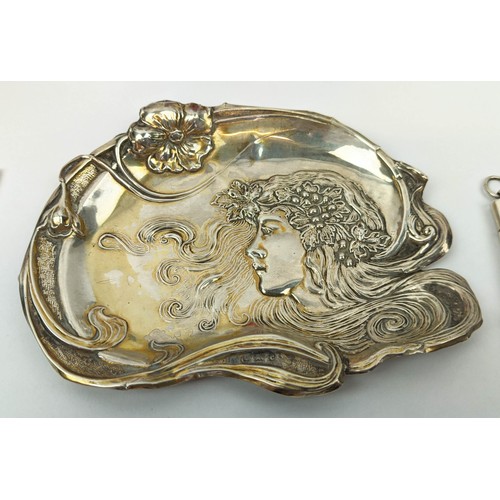 6 - COLLECTION OF SILVERWARE, including an Edwardian Art Nouveau silver embossed card tray, baby's rattl... 