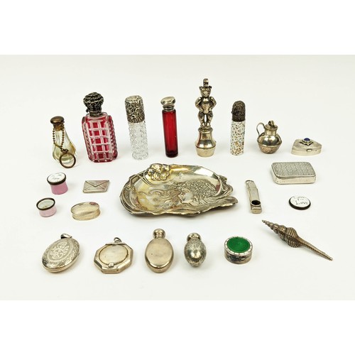 6 - COLLECTION OF SILVERWARE, including an Edwardian Art Nouveau silver embossed card tray, baby's rattl... 