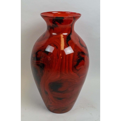 6 - RED ART GLASS VASE, with black ink effect, indistinctly signed, 60cm H.