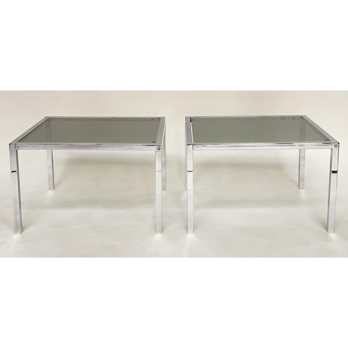 431 - MANNER OF MERROW ASSOCIATES SIDE TABLES, a pair, 1970s square chrome framed with sepia glass, 61cm x... 