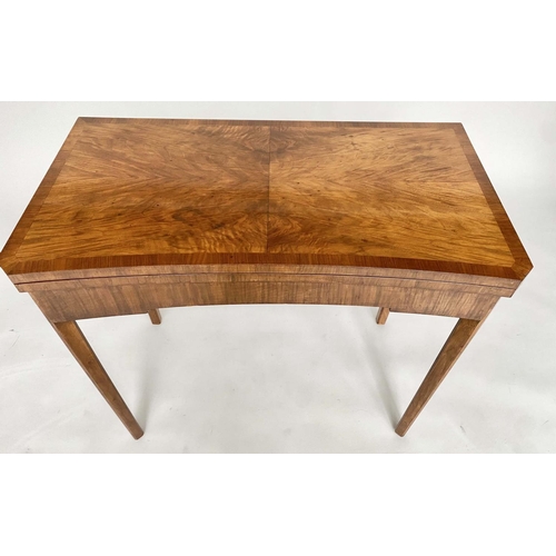 256 - ART DECO CARD TABLE, concave figured walnut with quarter veneered baize lined foldover top, 83cm W x... 