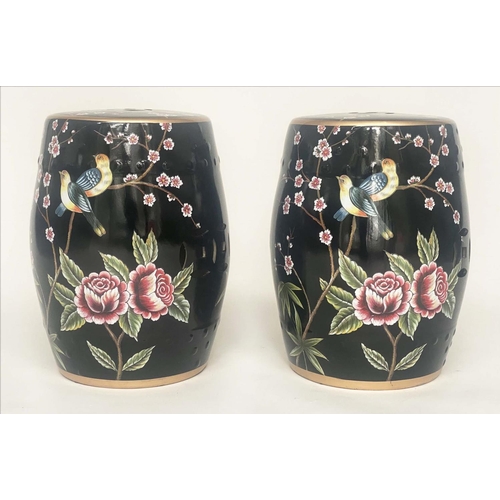 259 - CHINESE STOOLS, a pair, Chinese ceramic, barrel shaped with birds and blossom decoration, 44cm H. (2... 