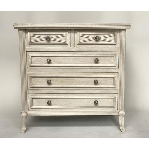 261 - COMMODE, continental style grey painted with two short and three long drawers and reeded pilasters, ... 